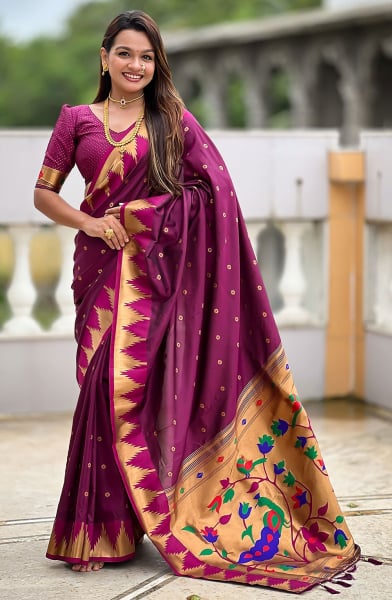 Wine Meenakari Weaving Paithani Silk Saree