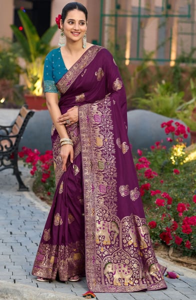 Wine Meenakari Weaving Pure Dola Silk Saree
