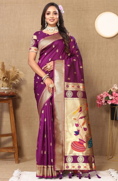 Wine Meenakari Woven Paithani Silk Saree