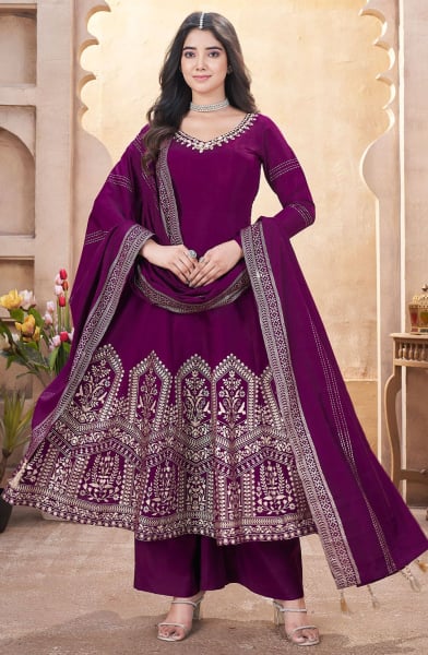 Wine Mirror Work Roman Silk Readymade Palazzo Suit
