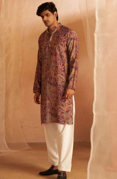 Wine Modal Silk Men Kurta Set