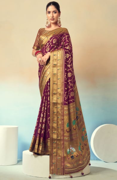Wine Paithani Work Viscose Georgette Saree