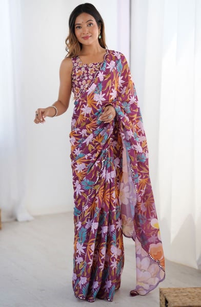 Wine Printed Chinnon Casual Saree