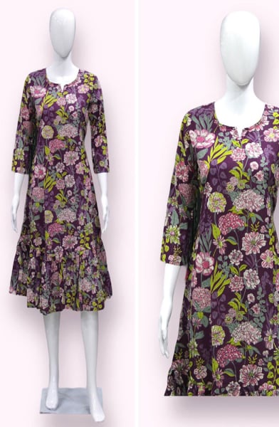 Wine Printed Cotton Frilled Kurti