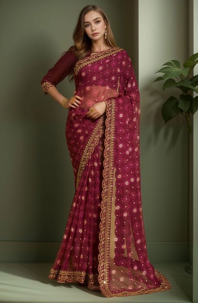 Wine Printed Georgette Saree for Party