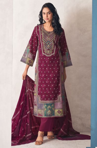 Wine Printed Lawn Cotton Pant Kameez