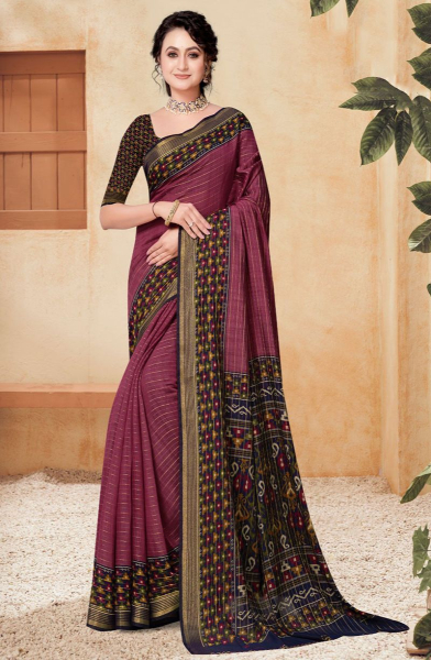 Wine Printed Mal Cotton Saree