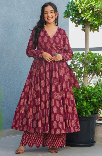 Wine Printed Plus Size Rayon Kurta with Palazzo