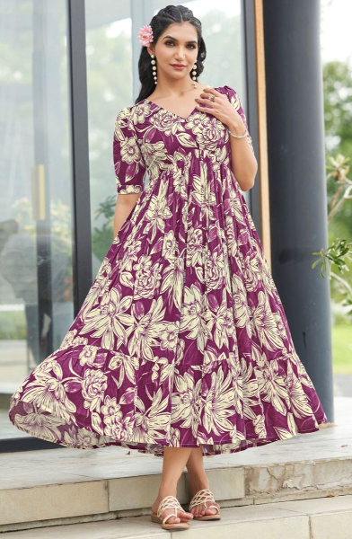 Wine Printed Rayon Long Kurta