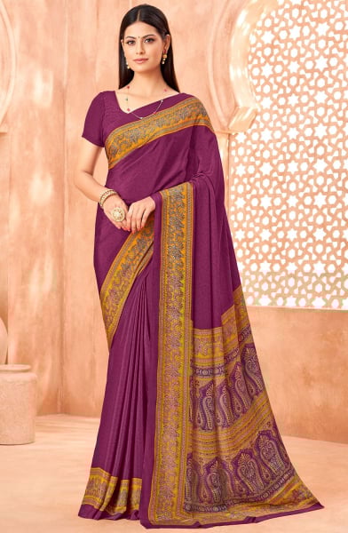 Wine Printed Silk Crepe Saree