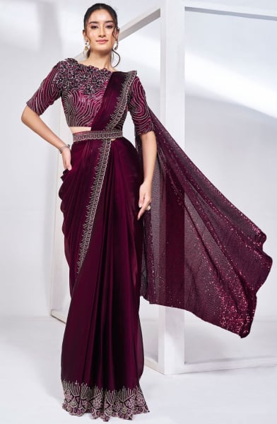 Wine Pure Khatli Work Designer Ready to Wear Saree