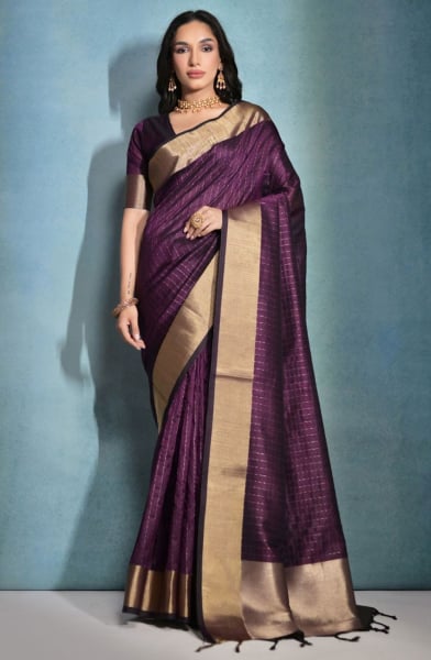Wine Raw Silk Woven Saree