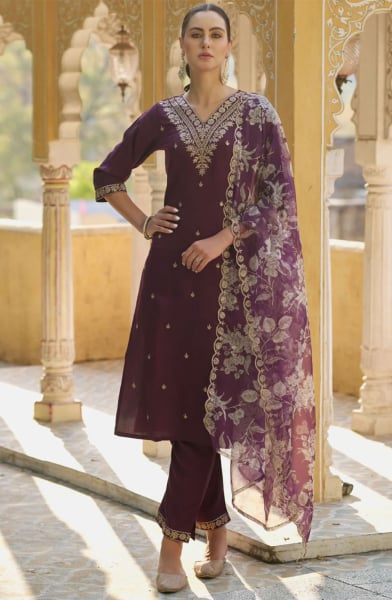 Wine Rayon Readymade Pant Kameez Suit