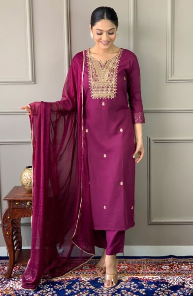 Wine Readymade Trouser Kameez Suit