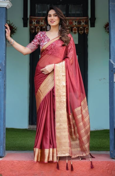 Wine Red Chiffon Saree
