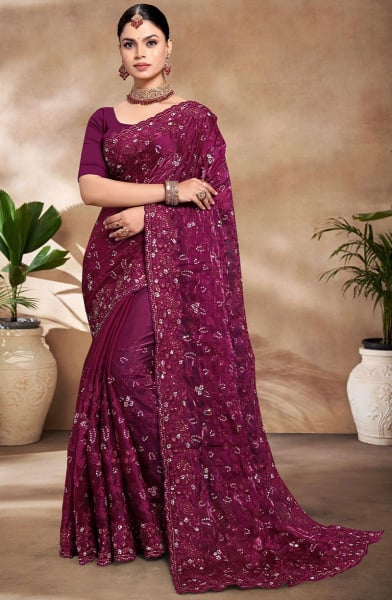 Wine Resham and Sequins Embroidered Party Wear Saree