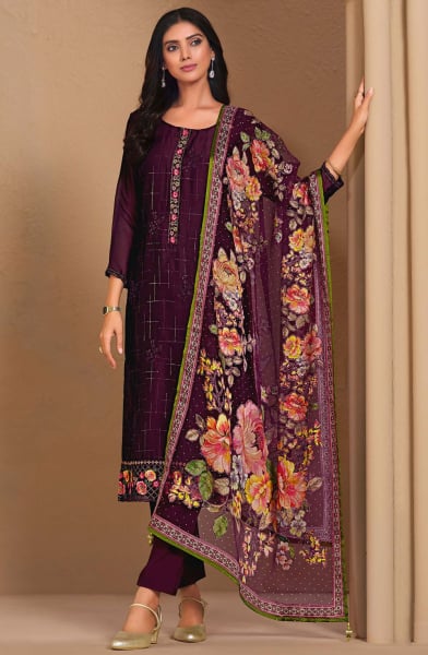 Wine Resham Embroidered Chinnon Chiffon Pant Kameez