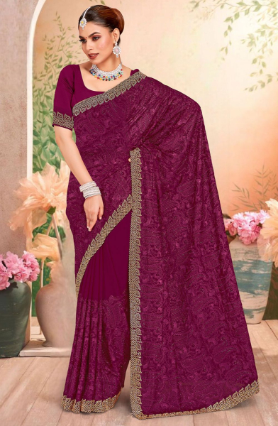 Wine Resham Embroidered Georgette Saree