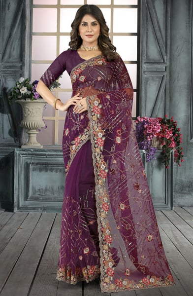 Wine Resham Embroidered Net Saree