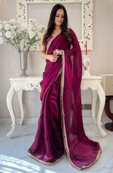 Wine Satin Party Wear Saree