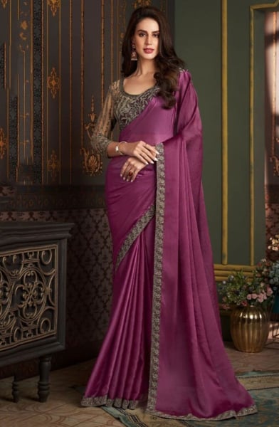 Wine Satin Silk Chiffon Saree with Embroidered Blouse