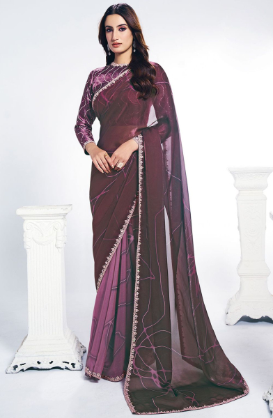 Wine Satin Silk Saree for Ceremonial