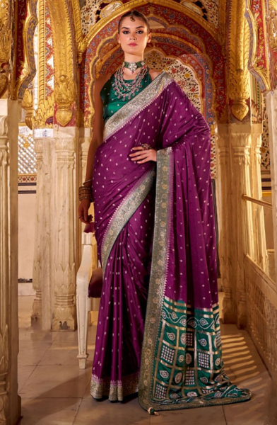 Wine Satin Silk Woven Saree