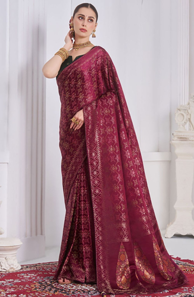 Wine Satin Tissue Silk Saree for Party