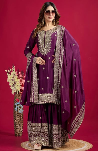 Wine Sequins Embroidered Chinnon Sarara Kameez