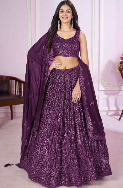 Wine Sequins Embroidered Georgette Lehenga Choli