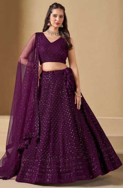 Wine Sequins Embroidered Georgette Lehenga Choli