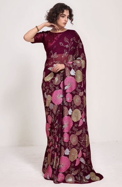 Wine Sequins Embroidered Georgette Saree