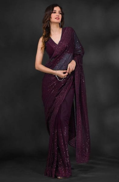 Wine Sequins Embroidered Georgette Saree