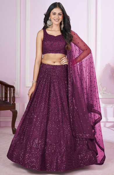 Wine Sequins Embroidered Net Lehenga Choli
