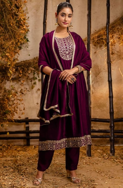 Wine Silk Blend Readymade Pant Kameez