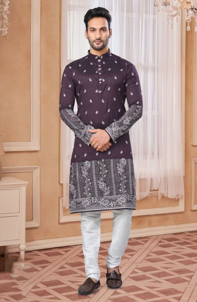 Wine Silk Embroidered Kurta Set