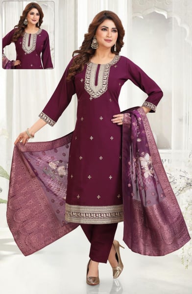 Wine Silk Readymade Pant Kameez Suit