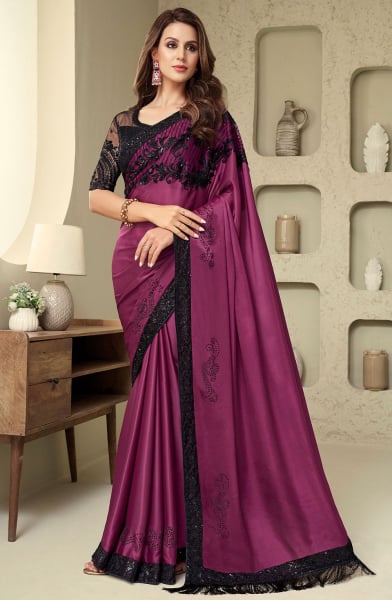 Wine Silk Saree with Embroidered Blouse