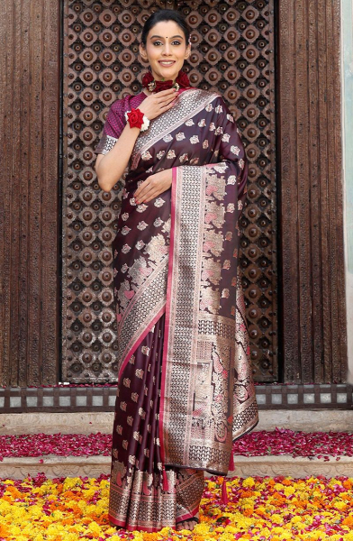 Wine Silk Saree with Jacquard Weaving