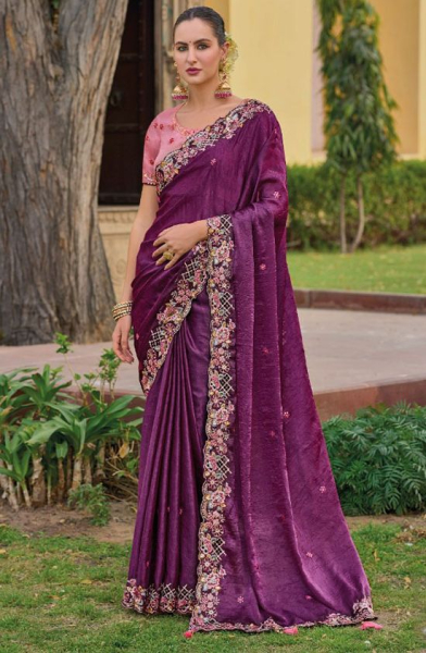 Wine Tissue Organza Silk Designer Saree