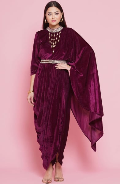 Wine Velvet Drape Kurta and Pant