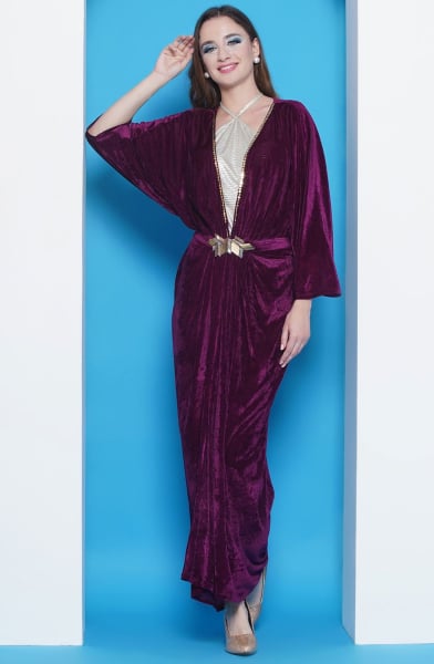 Wine Velvet Gown With Silver Halter Neck Inner