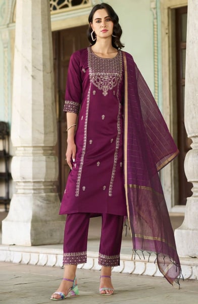 Wine Viscose Rayon Readymade Pant Kameez