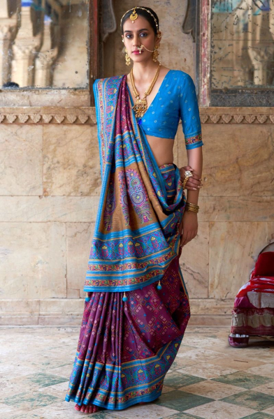 Wine Viscose Silk Saree with Patola Print