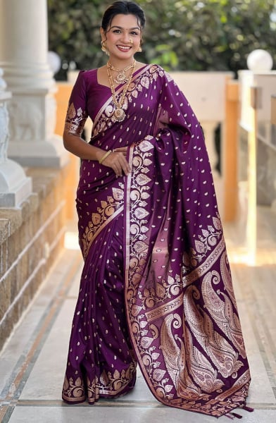 Wine Woven Banarasi Silk Saree