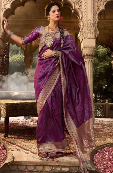 Wine Woven Banarasi Silk Saree