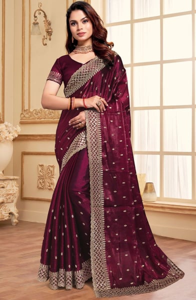 Wine Zari Embroidered Burberry Silk Saree