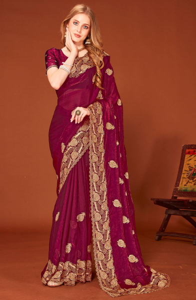 Wine Zari Embroidered Fendi Silk Saree
