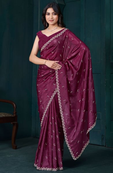 Wine Zarkan Embellished Crepe Silk Saree