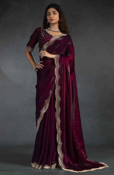 Wine Zarkan Embellished Satin Silk Saree